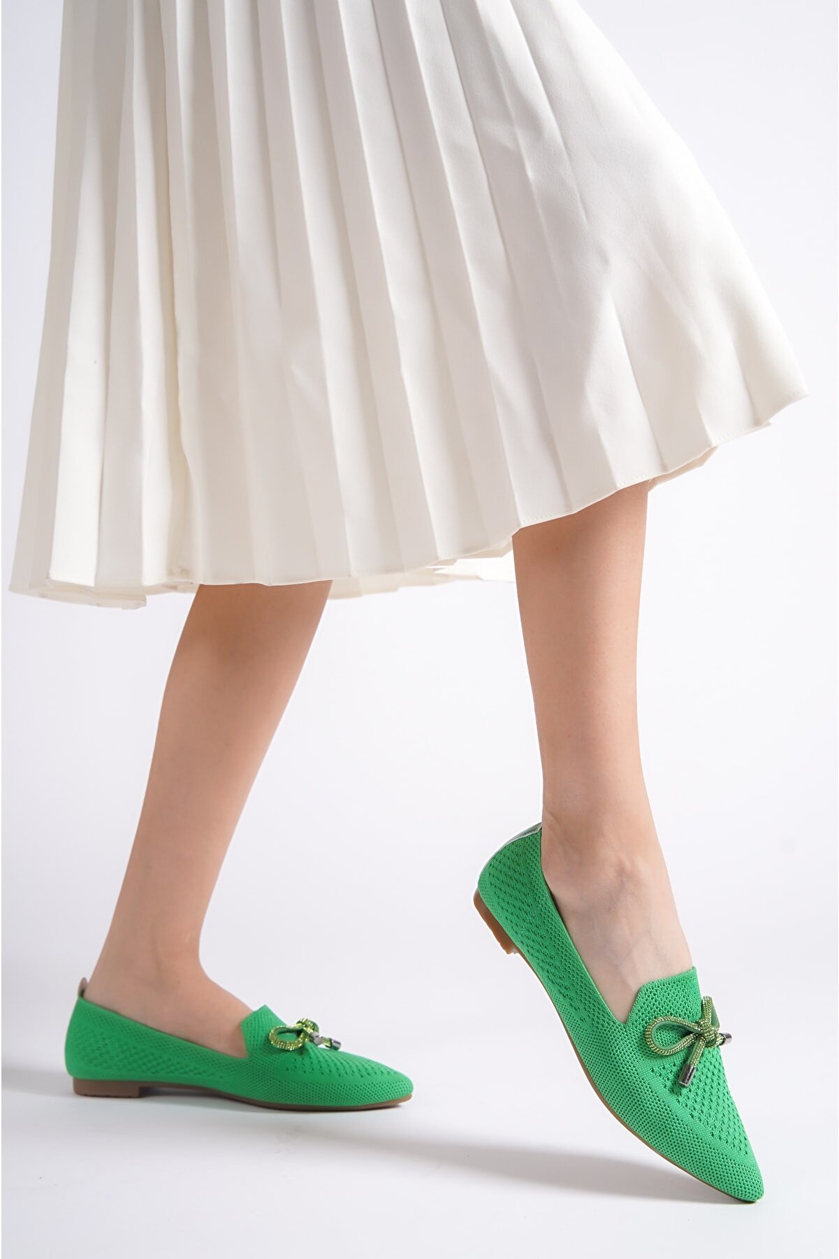 STOCON Yeşil Triko Kadın Triko Fiyonklu Günlük Ayakkabı Kadın Babet 